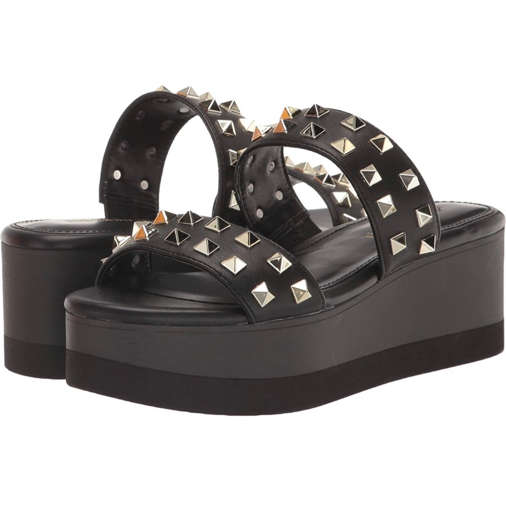 Women's Madden Girl Everett Platform Wedge Sandals Black Studded heeled 5, 5.5 6 - Picture 2 of 8